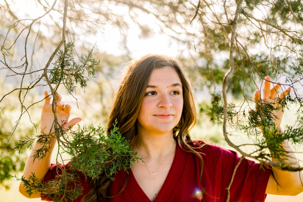 golden hour senior session in knoxville tennessee. Senior is wearing a deep red dress in hte fall for her senior portraits while standing behind a tree.